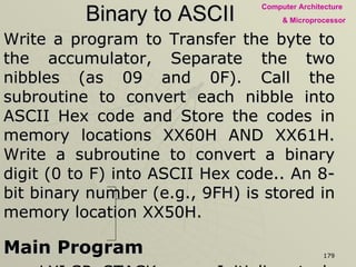 Binary to ASCII Write a program to Transfer the byte to the accumulator, Separate the two nibbles (as 09 and 0F). Call the subroutine to convert each nibble into ASCII Hex code and Store the codes in memory locations XX60H AND XX61H. Write a subroutine to convert a binary digit (0 to F) into ASCII Hex code.. An 8-bit binary number (e.g., 9FH) is stored in memory location XX50H. Main Program LXI SP, STACK - Initialize stack pointer LXI H, XX50H - Point index where binary number is stored LXI D, XX60H - Point index where ASCII code is to be stored MOV A, M - Transfer byte MOV B, A - Save byte RRC Shift high-order nibble to the position of low- RRC  order nibble RRC RRC 