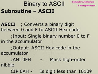 Binary to ASCII Subroutine – ASCII ASCII ; Converts a binary digit between 0 and F to ASCII Hex code ;Input: Single binary number 0 to F in the accumulator ;Output: ASCII Hex code in the accumulator :ANI 0FH - Mask high-order nibble CIP 0AH - Is digit less than 1010? JC  CODE - If digit is less than 1010, go to CODE to add  30H ADI 07H - Add 7H to obtain code for digits from A to F CODE: ADI 30H - Add base number 30H RET  - Return to Main Program 