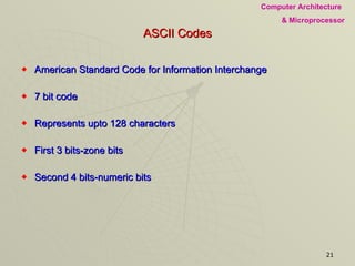 ASCII Codes American Standard Code for Information Interchange 7 bit code Represents upto 128 characters First 3 bits-zone bits Second 4 bits-numeric bits 