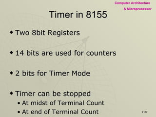 Timer in 8155 Two 8bit Registers 14 bits are used for counters 2 bits for Timer Mode Timer can be stopped At midst of Terminal Count At end of Terminal Count 