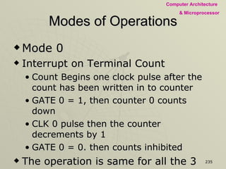 Modes of Operations Mode 0 Interrupt on Terminal Count Count Begins one clock pulse after the count has been written in to counter GATE 0 = 1, then counter 0 counts down CLK 0 pulse then the counter decrements by 1 GATE 0 = 0. then counts inhibited The operation is same for all the 3 counters 
