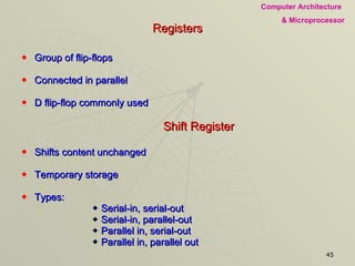 Registers Group of flip-flops Connected in parallel D flip-flop commonly used Shift Register Shifts content unchanged Temporary storage Types: Serial-in, serial-out Serial-in, parallel-out Parallel in, serial-out Parallel in, parallel out 