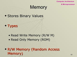 Memory Stores Binary Values Types Read Write Memory (R/W M) Read Only Memory (ROM) R/W Memory (Random Access Memory) Volatile processes data  Types:-  Static & Dynamic 