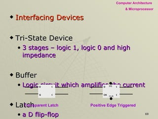 Interfacing Devices Tri-State Device 3 stages – logic 1, logic 0 and high impedance Buffer Logic circuit which amplifies the current Latch a D flip-flop Types :- Transparent Latch  Positive Edge Triggered D G Q Q D CK Q Q PR CLR 
