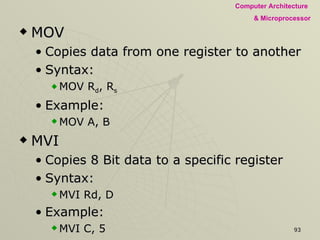 MOV Copies data from one register to another Syntax: MOV R d , R s   Example: MOV A, B MVI Copies 8 Bit data to a specific register Syntax: MVI Rd, D Example: MVI C, 5 