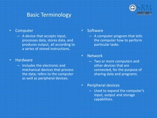 Basic Terminology
• Computer
– A device that accepts input, 
processes data, stores data, and 
produces output, all according to 
a series of stored instructions.
• Hardware
– Includes the electronic and 
mechanical devices that process 
the data; refers to the computer 
as well as peripheral devices.
• Software
– A computer program that tells 
the computer how to perform 
particular tasks.
• Network
– Two or more computers and 
other devices that are 
connected, for the purpose of 
sharing data and programs.
• Peripheral devices
– Used to expand the computer’s 
input, output and storage 
capabilities.
 