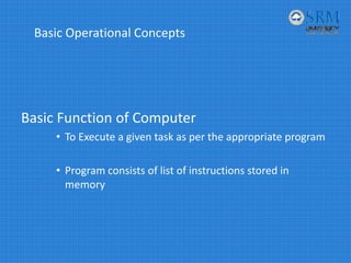 Basic Operational Concepts
Basic Function of Computer 
• To Execute a given task as per the appropriate program
• Program consists of list of instructions stored in 
memory
 