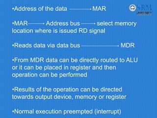 •Address of the data MAR
•MAR Address bus select memory
location where is issued RD signal
•Reads data via data bus MDR
•From MDR data can be directly routed to ALU
or it can be placed in register and then
operation can be performed
•Results of the operation can be directed
towards output device, memory or register
•Normal execution preempted (interrupt)
 