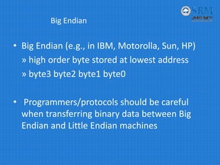 Big Endian
• Big Endian (e.g., in IBM, Motorolla, Sun, HP)
» high order byte stored at lowest address
» byte3 byte2 byte1 byte0
• Programmers/protocols should be careful 
when transferring binary data between Big 
Endian and Little Endian machines
 