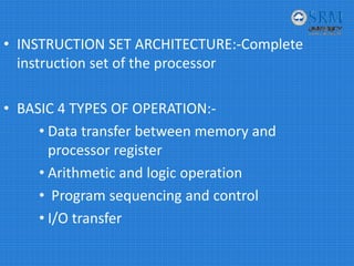 • INSTRUCTION SET ARCHITECTURE:‐Complete 
instruction set of the processor
• BASIC 4 TYPES OF OPERATION:‐
• Data transfer between memory and 
processor register
• Arithmetic and logic operation
• Program sequencing and control
• I/O transfer
 