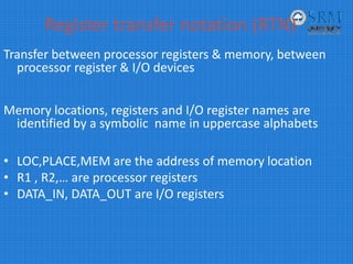 Register transfer notation (RTN)
Transfer between processor registers & memory, between 
processor register & I/O devices
Memory locations, registers and I/O register names are 
identified by a symbolic  name in uppercase alphabets
• LOC,PLACE,MEM are the address of memory location
• R1 , R2,… are processor registers
• DATA_IN, DATA_OUT are I/O registers
 