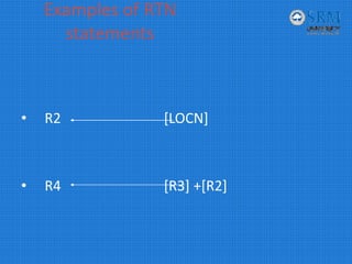 Examples of RTN 
statements
• R2                             [LOCN]
• R4                             [R3] +[R2]
 