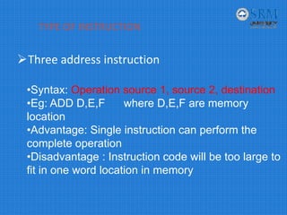 TYPE OF INSTRUCTION
Three address instruction
•Syntax: Operation source 1, source 2, destination
•Eg: ADD D,E,F where D,E,F are memory
location
•Advantage: Single instruction can perform the
complete operation
•Disadvantage : Instruction code will be too large to
fit in one word location in memory
 