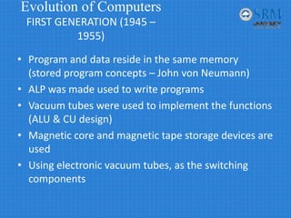 Evolution of Computers
FIRST GENERATION (1945 –
1955)
• Program and data reside in the same memory 
(stored program concepts – John von Neumann)
• ALP was made used to write programs
• Vacuum tubes were used to implement the functions 
(ALU & CU design)
• Magnetic core and magnetic tape storage devices are 
used
• Using electronic vacuum tubes, as the switching 
components
 