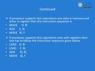 Continued
If processor supports ALU operations one data in memory and 
other in register then the instruction sequence is
• MOVE      D, Ri
• ADD      E, Ri
• MOVE   Ri, F
If processor supports ALU operations only with registers then 
one has to follow the instruction sequence given below
• LOAD    D, Ri
• LOAD     E, Rj
• ADD       Ri, Rj
• MOVE    Rj, F
 