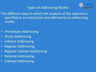 Types of Addressing Modes
The different ways in which the location of the operand is 
specified in an instruction are referred to as addressing 
modes
• Immediate Addressing
• Direct Addressing 
• Indirect Addressing
• Register Addressing
• Register Indirect Addressing
• Relative Addressing
• Indexed Addressing
 