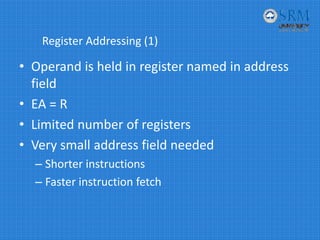Register Addressing (1)
• Operand is held in register named in address 
field
• EA = R
• Limited number of registers
• Very small address field needed 
– Shorter instructions
– Faster instruction fetch
 