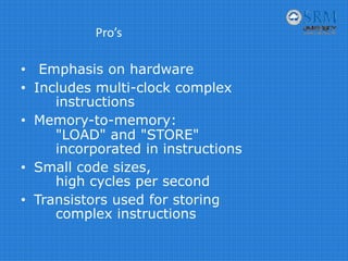 Pro’s 
• Emphasis on hardware
• Includes multi-clock complex
instructions
• Memory-to-memory:
"LOAD" and "STORE"
incorporated in instructions
• Small code sizes,
high cycles per second
• Transistors used for storing
complex instructions
 