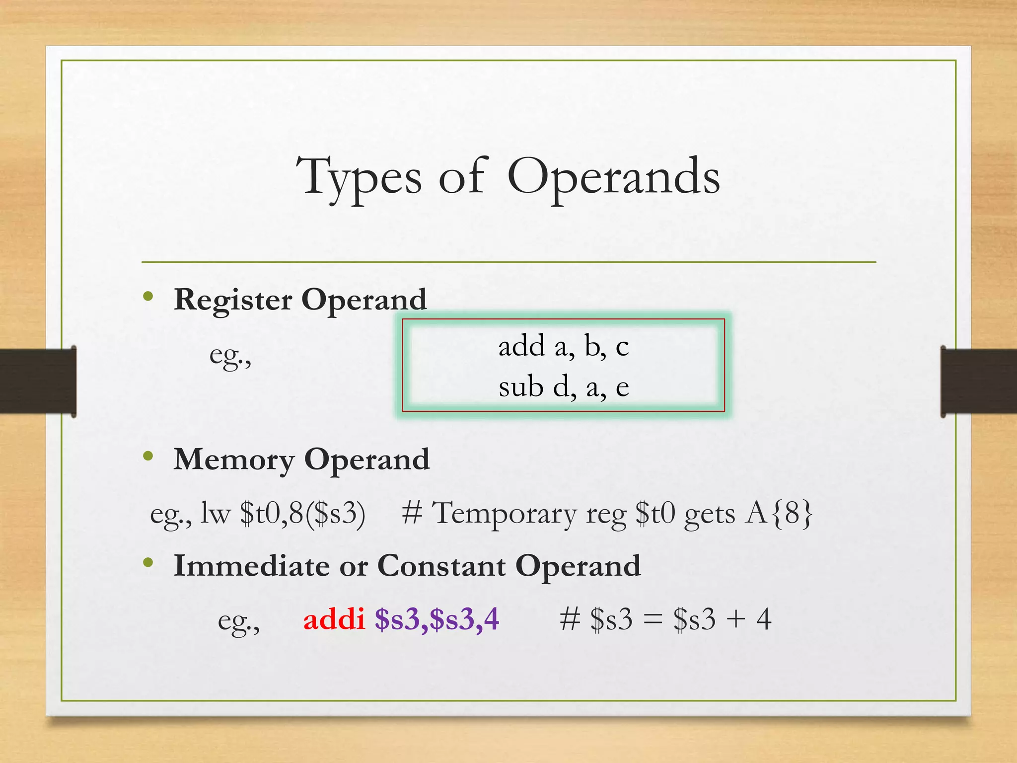 Types of Operands
• Register Operand
eg.,
• Memory Operand
eg., lw $t0,8($s3) # Temporary reg $t0 gets A{8}
• Immediate or Constant Operand
eg., addi $s3,$s3,4 # $s3 = $s3 + 4
add a, b, c
sub d, a, e
 