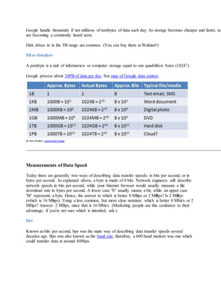 Google handle thousands if not millions of terabytes of data each day. As storage becomes cheaper and faster, ter
are becoming a commonly heard term.
Disk drives in in the TB range are common. (You can buy them at Walmart!)
PB or PetaByte
A petabyte is a unit of information or computer storage equal to one quadrillion bytes (10245).
Google process about 24PB of data per day. See map of Google data centers.
By Paul Mullins: constructed image
Measurements of Data Speed
Today there are generally two ways of describing data transfer speeds: in bits per second, or in
bytes per second. As explained above, a byte is made of 8 bits. Network engineers still describe
network speeds in bits per second, while your Internet browser would usually measure a file
download rate in bytes per second. A lower case "b" usually means a bit, while an upper case
"B" represents a byte. Hence, the answer to which is better 8 Mbps or 2 MBps? Is 2 MBps
(which is 16 Mbps). Using a less common, but more clear notation: which is better 8 Mbit/s or 2
MBps? Answer: 2 MBps, since that is 16 Mbit/s. (Marketing people use this confusion to their
advantage, if you're not sure which is intended, ask.)
bps
Known as bits per second, bps was the main way of describing data transfer speeds several
decades ago. Bps was also known as the baud rate, therefore, a 600 baud modem was one which
could transfer data at around 600bps.
 