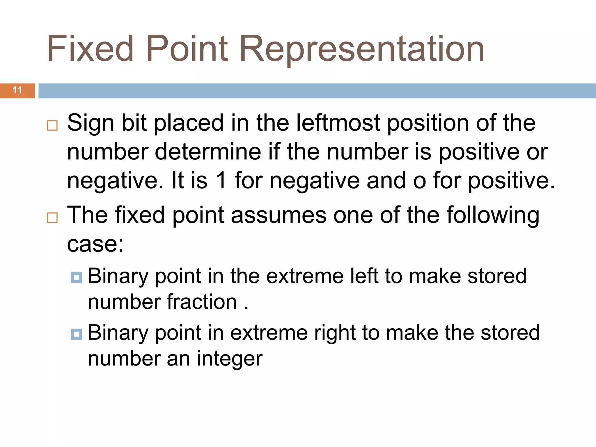 Fixed Point Representation
11
 Sign bit placed in the leftmost position of the
number determine if the number is positive or
negative. It is 1 for negative and o for positive.
 The fixed point assumes one of the following
case:
 Binary point in the extreme left to make stored
number fraction .
 Binary point in extreme right to make the stored
number an integer
 
