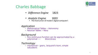 17
Charles Babbage
• Difference Engine 1823
• Analytic Engine 1833
• The forerunner of modern digital computer!
Application
– Mathematical Tables – Astronomy
– Nautical Tables – Navy
Background
– Any continuous function can be approximated by a
polynomial --- Weierstrass
Technology
– mechanical - gears, Jacquard’s loom, simple
calculators
 