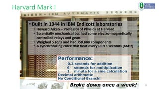 24
Harvard Mark I
• Built in 1944 in IBM Endicott laboratories
• Howard Aiken – Professor of Physics at Harvard
• Essentially mechanical but had some electro-magnetically
controlled relays and gears
• Weighed 5 tons and had 750,000 components
• A synchronizing clock that beat every 0.015 seconds (66Hz)
Performance:
0.3 seconds for addition
6 seconds for multiplication
1 minute for a sine calculation
Decimal arithmetic
No Conditional Branch!
Broke down once a week!
 