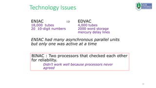 29
Technology Issues
ENIAC  EDVAC
18,000 tubes 4,000 tubes
20 10-digit numbers 2000 word storage
mercury delay lines
ENIAC had many asynchronous parallel units
but only one was active at a time
BINAC : Two processors that checked each other
for reliability.
Didn’t work well because processors never
agreed
 