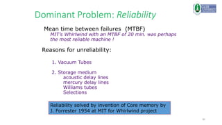 30
Dominant Problem: Reliability
Mean time between failures (MTBF)
MIT’s Whirlwind with an MTBF of 20 min. was perhaps
the most reliable machine !
Reasons for unreliability:
1. Vacuum Tubes
2. Storage medium
acoustic delay lines
mercury delay lines
Williams tubes
Selections
Reliability solved by invention of Core memory by
J. Forrester 1954 at MIT for Whirlwind project
 