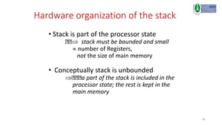 48
Hardware organization of the stack
• Stack is part of the processor state
stack must be bounded and small
number of Registers,
not the size of main memory
• Conceptually stack is unbounded
 a part of the stack is included in the
processor state; the rest is kept in the
main memory
 