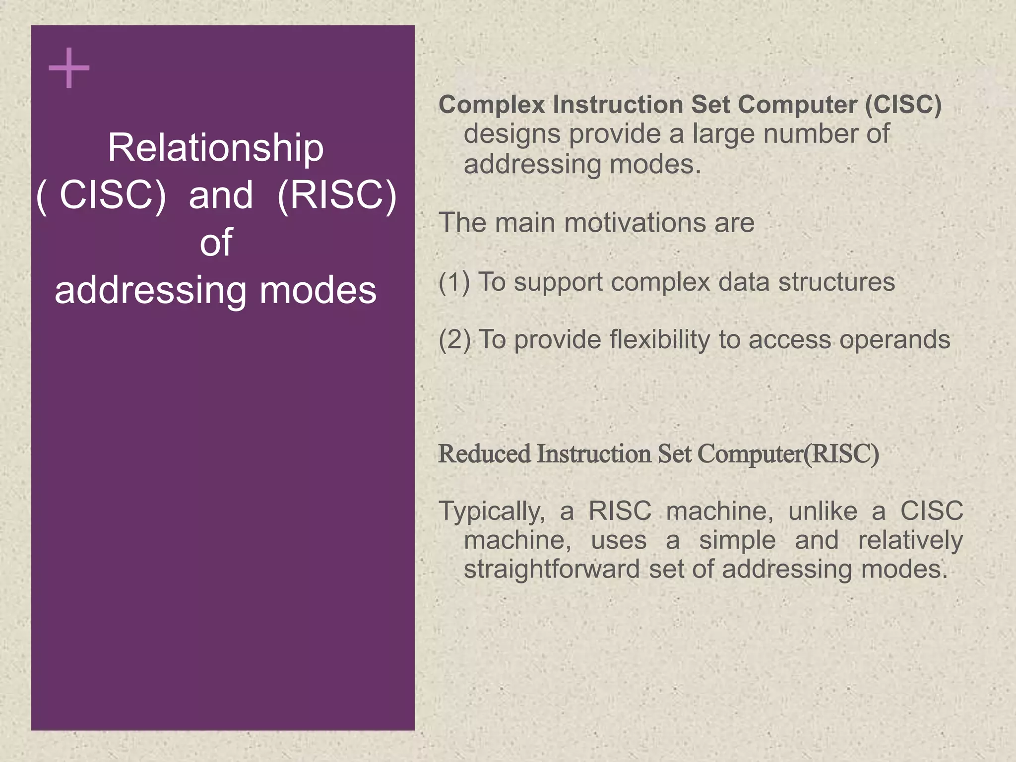+
Relationship
( CISC) and (RISC)
of
addressing modes
Complex Instruction Set Computer (CISC)
designs provide a large number of
addressing modes.
The main motivations are
(1) To support complex data structures
(2) To provide flexibility to access operands
Reduced Instruction Set Computer(RISC)
Typically, a RISC machine, unlike a CISC
machine, uses a simple and relatively
straightforward set of addressing modes.
 