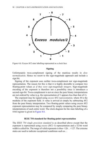 Signing
Unfortunately twos-complement signing of the mantissa results in slow
normalization. Hence we resort to the sign-magnitude approach and include a
sign bit.
Signing of the exponent uses neither twos-complement nor sign-magnitude
representation. The reason for this is that it is highly desirable to compare two
floating-point values as if they were sign-magnitude integers. Sign-magnitude
encoding of the exponent is therefore not a possibility since it introduces a
second sign-bit. Twos-complement is not on since the pure binary interpretations
are not ordered by value (e.g. the representation of 1 appears less than that of-1).
The exponent may be signed using excess M/2 representation, where M is the
modulus of the exponent field. A value is arrived at simply by subtracting M/2
from the pure binary interpretation. Two floating-point values using excess M/2
exponent representation may be compared by simply comparing the pure binary
interpretations of each entire word. The clock diagram for the state labelling of a
4-bit register is given in Figure 4.6.
IEEE 754 standard for floating-point representation
The IEEE 754 single precision standard is as described above except that the
exponent is represented using excess (M/2–1) representation and a 32-bit word
width is called for. The range of valid exponents is thus−126…+127. The extreme
states are used to indicate exceptional conditions such as…
Figure 4.6: Excess M/2 state labelling represented as a clock face
90 CHAPTER 4. DATA REPRESENTATION AND NOTATION
 