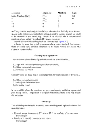 Meaning Exponent Mantissa Sign
Not-a-Number (NaN) FF16 → 0 0/1
+→ FF16 0 0
–→ FF16 0 1
+0 0 0 0
−0 0 0 1
NaN may be used used to signal invalid operations such as divide by zero. Another
special state, not included in the table above, is used to indicate a result too small
to be encoded in the usual way. Instead it is encoded via a denormalized
mantissa, whose validity is indicated by a zero exponent.
There is also a 64-bit double precision standard (see Figure 4.7).
It should be noted that not all computers adhere to the standard. For instance
there are some very common machines to be found which use excess M/2
exponent representation.
Floating-point operations
There are three phases in the algorithm for addition or subtraction…
1. Align both variables (render equal their exponents)
2. Add or subtract the mantissas
3. Normalize the result
Similarly there are three phases in the algorithm for multiplication or division…
1. Add or subtract exponents
2. Multiply or divide mantissas
3. Normalize result
In each middle phase the mantissas are processed exactly as if they represented
pure binary values. The position of the point remains fixed and in no way affects
the operation.
Summary
The following observations are noted about floating-point representation of the
real data type…
• Dynamic range increased by 2Me, where Me is the modulus of the exponent
(Advantage)
• Precision is roughly constant across range
(Advantage)
4.1. NOTATION 91
 