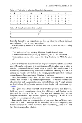 Table 5.1: Truth table for all sixteen binary logical connectives
A B → → | →
F F F T F F F T T T F F F T T T F T
F T F F T F F T F F T T F T T F T T
T F F F F T F F T F T F T T F T T T
T T F F F F T F F T F T T F T T T T
Table 5.2: Unary logical connective: Negation
A ¬A
T F
F T
Formulæ themselves are propositions and thus are either true or false. Consider
especially that F3 may be either true or false.
Classification of formulæ is possible into one or other of the following
categories…
• Tautologies are always true (e.g. The cat is fat OR the cat is thin)
• Contradictions are always false (e.g. The cat is fat AND the cat is thin)
• Consistencies may be either true or false (e.g. Fred is a cat AND the cat is
fat)
A number of theorems exist which allow propositional formulæ to be reduced or
proved logically equivalent. It is sometimes possible to reduce one to either a
tautology or contradiction and hence prove or deny it. Such manipulation is a
rudimentary form of reasoning. The author recommends [Dowsing et al. 86] as a
concise and readable introduction to the subject, set in the context of computer
science in general and computer architecture in particular.
Truth functions may be specified via a truth table. Truth tables may be used to
define a truth function of any number of propositions. The possible combinations
of proposition truth values are tabulated on the left hand side. A single column
on the right hand side defines the value of the function for each combination (see
Table 5.3).
The logical connectives described earlier are thus primitive truth functions.
Sufficiency sets of connectives are those from which every truth function can be
generated. An example is { , , ¬}. This idea is of enormous importance to
computer architecture. Any machine capable of computing , and ¬ is
capable of computing any truth function.
Interestingly, there are two connectives which alone form sufficiency sets.
These are → and |. Although this is interesting, the formula expressing the
function will (usually) contain more terms than it would using, and ¬. → and
| are thus, in a sense, less efficient.
5.1. COMBINATIONAL SYSTEMS 99
 