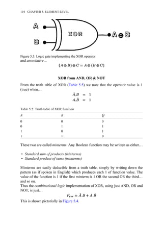 and associative…
XOR from AND, OR & NOT
From the truth table of XOR (Table 5.5) we note that the operator value is 1
(true) when…
Table 5.5: Truth table of XOR function
A B Q
0 0 0
0 1 1
1 0 1
1 1 0
These two are called minterms. Any Boolean function may be written as either…
• Standard sum of products (minterms)
• Standard product of sums (maxterms)
Minterms are easily deducible from a truth table, simply by writing down the
pattern (as if spoken in English) which produces each 1 of function value. The
value of the function is 1 if the first minterm is 1 OR the second OR the third…
and so on.
Thus the combinational logic implementation of XOR, using just AND, OR and
NOT, is just…
This is shown pictorially in Figure 5.4.
Figure 5.3: Logic gate implementing the XOR operator
104 CHAPTER 5. ELEMENT LEVEL
 