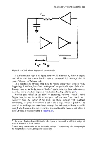 In combinational logic it is highly desirable to minimize tpd since it largely
determines how fast a truth function may be computed. We cannot predict or
control the interval between ticks.
Let’s backtrack to physics once more to remind ourselves of what is really
happening. A medium flows from the output of one gate to the input of the other.
Enough must arrive in the storage “bucket” at the input for there to be enough
potential energy available to push a switch closed and operate the gate8.
We can gain control of this flow by employing our own “bucket”, much
bigger than the one inside the second gate, and our own flow constriction ,
narrower than the output of the first. For those familiar with electrical
terminology we place a resistance in series and a capacitance in parallel. The
time taken to charge the capacitance through the resistance will now virtually
completely determine the state switching time and thus the frequency at which it
ticks9. Such a clock is depicted in Figure 5.14.
8 Like water flowing downhill into the lake behind a dam until a sufficient weight of
water is available to break it down.
9 A tick being one or other, but not both, state changes. The remaining state change might
be thought of as a “tock”. (Imagine it’s audible!)
Figure 5.14: Clock whose frequency is determinable
5.1. COMBINATIONAL SYSTEMS 121
 