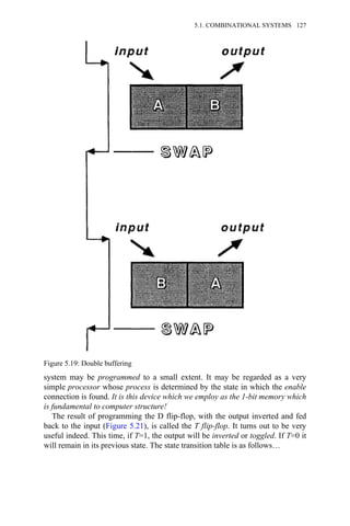 system may be programmed to a small extent. It may be regarded as a very
simple processor whose process is determined by the state in which the enable
connection is found. It is this device which we employ as the 1-bit memory which
is fundamental to computer structure!
The result of programming the D flip-flop, with the output inverted and fed
back to the input (Figure 5.21), is called the T flip-flop. It turns out to be very
useful indeed. This time, if T=1, the output will be inverted or toggled. If T=0 it
will remain in its previous state. The state transition table is as follows…
Figure 5.19: Double buffering
5.1. COMBINATIONAL SYSTEMS 127
 