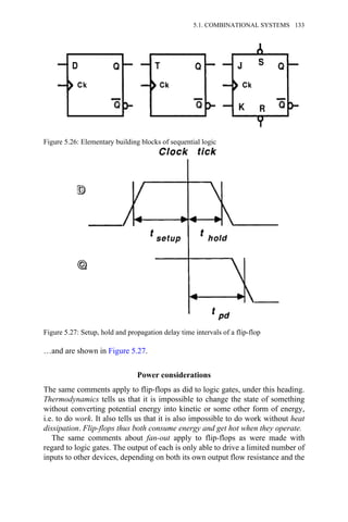 …and are shown in Figure 5.27.
Power considerations
The same comments apply to flip-flops as did to logic gates, under this heading.
Thermodynamics tells us that it is impossible to change the state of something
without converting potential energy into kinetic or some other form of energy,
i.e. to do work. It also tells us that it is also impossible to do work without heat
dissipation. Flip-flops thus both consume energy and get hot when they operate.
The same comments about fan-out apply to flip-flops as were made with
regard to logic gates. The output of each is only able to drive a limited number of
inputs to other devices, depending on both its own output flow resistance and the
Figure 5.26: Elementary building blocks of sequential logic
Figure 5.27: Setup, hold and propagation delay time intervals of a flip-flop
5.1. COMBINATIONAL SYSTEMS 133
 