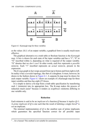 as the values {0,1} of an output variable, a graphical form is usually much more
effective.
The graphical alternative to a truth table or Boolean function is the Karnaugh
map. A box is drawn for each state of the input variables and has a “1”, “0” or
“X” inscribed within it, depending on what is required of the output variable.
“X” denotes that we don’t care! In other words, each box represents a possible
minterm. Each “1” inscribed represents an actual minterm, present in the
expression.
The K-map graph in fact wraps around from top to botom and from right to left.
In reality it has a toroidal topology, like that of a doughnut. It must, however, be
drawn in the fashion shown in Figure 6.1. A separate K-map must be drawn for
each output variable. Figure 6.1 shows an example of a Karnaugh map for three
input variables and thus has eight (23) boxes.
It is simple to derive a K-map from a truth table specification by transferring
each 1 (minterm) into its appropriate box. The K-map makes the process of
reduction much easier3 because it renders as neighbours minterms differing in
one variable only.
Reduction
Each minterm is said to be an implicant of a function Q because it implies Q=1.
A prime implicant of Q is one such that the result of deleting a single literal4 is
not an implicant.
The minimal implementation of Q is the smallest sum of prime implicants
which guarantees the specified function correct for all possible input
Figure 6.1: Karnaugh map for three variables
3 …for a human! This method is not suitable for automation.
140 CHAPTER 6. COMPONENT LEVEL
 