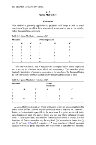 6.1.3
Quine-McCluskey
Reduction
This method is generally applicable to problems with large as well as small
numbers of input variables. It is also suited to automation due to its tabular,
rather than graphical, approach.
Table 6.2: Quine-McCluskey reduction of Q3
Minterms Prime implicants
A B C A B C
1 1 0 1 → 0
1 0 1 → 1 0
0 1 1 1 0 →
1 0 0 → 0 1
0 1 0 0 1
0 0 1 0 → 1
There are two phases, one of reduction to a complete set of prime implicants
and a second to eliminate those which are unnecessary. The reduction phase
begins by tabulation of minterms according to the number of 1s. Terms differing
by just one variable are thus located nearby rendering them quick to find.
Table 6.3: Quine-McCluskey reduction of Q4
Minterms Prime
implicants
A B C A B C
l 1 1 1 → 1
1 1 0 1 1 →
1 0 1 → 1 0
0 1 0
A second table is derived, of prime implicants, where an asterisk replaces the
literal which differs. Arrows may be added for each to indicate its “sponsors”.
Further reduction is often possible in the same way. It requires an asterisk in the
same location in each of a pair of terms and just one literal differing between
them. If such is possible a new table of further reduced terms is created. Several
iterations of further reduction may be required. QM reduction is shown for Q3
and Q4 in Tables 6.2 and 6.3 respectively. A large number of reduced terms are
deduced which are prime implicants but whose sum is definitely not minimal.
144 CHAPTER 6. COMPONENT LEVEL
 