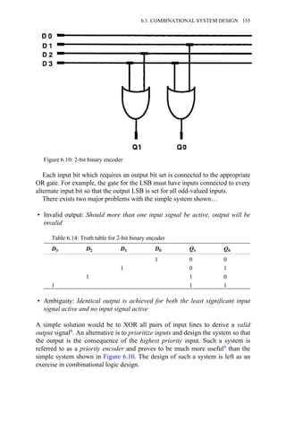 Each input bit which requires an output bit set is connected to the appropriate
OR gate. For example, the gate for the LSB must have inputs connected to every
alternate input bit so that the output LSB is set for all odd-valued inputs.
There exists two major problems with the simple system shown…
• Invalid output: Should more than one input signal be active, output will be
invalid
Table 6.14: Truth table for 2-bit binary encoder
D3 D2 D1 D0 Q1 Q0
1 0 0
1 0 1
1 1 0
1 1 1
• Ambiguity: Identical output is achieved for both the least significant input
signal active and no input signal active
A simple solution would be to XOR all pairs of input lines to derive a valid
output signal8. An alternative is to prioritize inputs and design the system so that
the output is the consequence of the highest priority input. Such a system is
referred to as a priority encoder and proves to be much more useful9 than the
simple system shown in Figure 6.10. The design of such a system is left as an
exercise in combinational logic design.
Figure 6.10: 2-bit binary encoder
6.1. COMBINATIONAL SYSTEM DESIGN 155
 