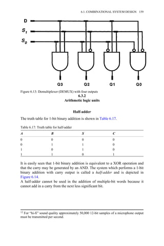 6.3.2
Arithmetic logic units
Half-adder
The truth table for 1-bit binary addition is shown in Table 6.17.
Table 6.17: Truth table for half-adder
A B S C
0 0 0 0
0 1 1 0
1 0 1 0
1 1 0 1
It is easily seen that 1-bit binary addition is equivalent to a XOR operation and
that the carry may be generated by an AND. The system which performs a 1-bit
binary addition with carry output is called a half-adder and is depicted in
Figure 6.14.
A half-adder cannot be used in the addition of multiple-bit words because it
cannot add in a carry from the next less significant bit.
Figure 6.13: Demultiplexer (DEMUX) with four outputs
12 For “hi-fi” sound quality approximately 50,000 12-bit samples of a microphone output
must be transmitted per second.
6.1. COMBINATIONAL SYSTEM DESIGN 159
 
