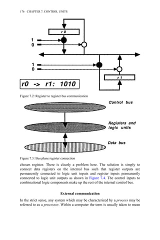 chosen register. There is clearly a problem here. The solution is simply to
connect data registers on the internal bus such that register outputs are
permanently connected to logic unit inputs and register inputs permanently
connected to logic unit outputs as shown in Figure 7.4. The control inputs to
combinational logic components make up the rest of the internal control bus.
External communication
In the strict sense, any system which may be characterized by a process may be
referred to as a processor. Within a computer the term is usually taken to mean
Figure 7.2: Register to register bus communication
Figure 7.3: Bus plane register connection
176 CHAPTER 7. CONTROL UNITS
 