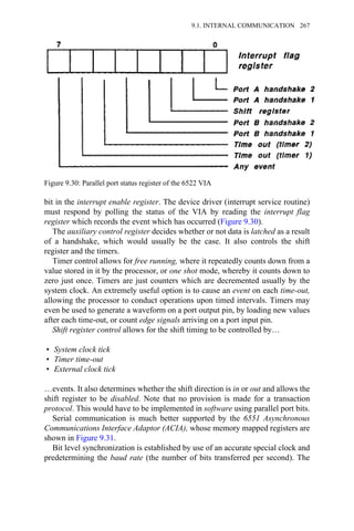 bit in the interrupt enable register. The device driver (interrupt service routine)
must respond by polling the status of the VIA by reading the interrupt flag
register which records the event which has occurred (Figure 9.30).
The auxiliary control register decides whether or not data is latched as a result
of a handshake, which would usually be the case. It also controls the shift
register and the timers.
Timer control allows for free running, where it repeatedly counts down from a
value stored in it by the processor, or one shot mode, whereby it counts down to
zero just once. Timers are just counters which are decremented usually by the
system clock. An extremely useful option is to cause an event on each time-out,
allowing the processor to conduct operations upon timed intervals. Timers may
even be used to generate a waveform on a port output pin, by loading new values
after each time-out, or count edge signals arriving on a port input pin.
Shift register control allows for the shift timing to be controlled by…
• System clock tick
• Timer time-out
• External clock tick
…events. It also determines whether the shift direction is in or out and allows the
shift register to be disabled. Note that no provision is made for a transaction
protocol. This would have to be implemented in software using parallel port bits.
Serial communication is much better supported by the 6551 Asynchronous
Communications Interface Adaptor (ACIA), whose memory mapped registers are
shown in Figure 9.31.
Bit level synchronization is established by use of an accurate special clock and
predetermining the baud rate (the number of bits transferred per second). The
Figure 9.30: Parallel port status register of the 6522 VIA
9.1. INTERNAL COMMUNICATION 267
 