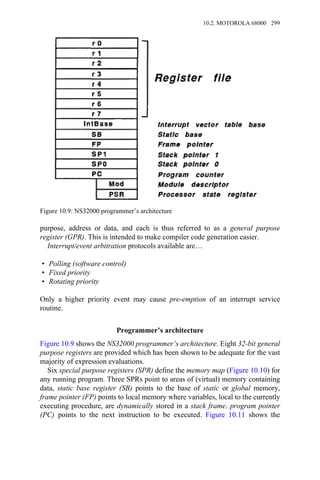purpose, address or data, and each is thus referred to as a general purpose
register (GPR). This is intended to make compiler code generation easier.
Interrupt/event arbitration protocols available are…
• Polling (software control)
• Fixed priority
• Rotating priority
Only a higher priority event may cause pre-emption of an interrupt service
routine.
Programmer’s architecture
Figure 10.9 shows the NS32000 programmer’s architecture. Eight 32-bit general
purpose registers are provided which has been shown to be adequate for the vast
majority of expression evaluations.
Six special purpose registers (SPR) define the memory map (Figure 10.10) for
any running program. Three SPRs point to areas of (virtual) memory containing
data, static base register (SB) points to the base of static or global memory,
frame pointer (FP) points to local memory where variables, local to the currently
executing procedure, are dynamically stored in a stack frame. program pointer
(PC) points to the next instruction to be executed. Figure 10.11 shows the
Figure 10.9: NS32000 programmer’s architecture
10.2. MOTOROLA 68000 299
 