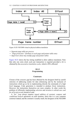 • Separate page table per process
• “Page protection” attributes to each page and pointer table entry
• Supervisor alone may modify page and pointer tables
Figure 10.21 shows the bus timing modified to allow address translation. Note
that only one extra clock cycle per transaction is required provided a hit is
obtained by the associative translation cache, which is 98% efficient!
10.3.3
Programming
Constructs
Closure of the semantic gap has been obtained by the designers both by careful
selection of addressing modes for data referencing and by the inclusion of
instructions which go as far in implementing directly the commands of a high
level language. Code generation is intended to produce fewer instructions.
However, the instructions themselves are more complex. In other words the
problem of efficiently implementing selection and iteration is solved once and
for all in microcode instead of code.
A “for” loop always requires signed addition of constant, compare and
conditional branch operations on each iteration. Since this is a very common
construct indeed, and the constant is usually small, the designers of the NS32000
Figure 10.20: NS32000 virtual to physical address translation
312 CHAPTER 10. SURVEY OF PROCESSOR ARCHITECTURE
 