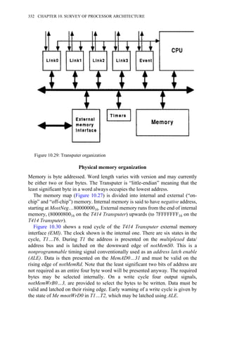 Physical memory organization
Memory is byte addressed. Word length varies with version and may currently
be either two or four bytes. The Transputer is “little-endian” meaning that the
least significant byte in a word always occupies the lowest address.
The memory map (Figure 10.27) is divided into internal and external (“on-
chip” and “off-chip”) memory. Internal memory is said to have negative address,
starting at MostNeg…8000000016. External memory runs from the end of internal
memory, (8000080016 on the T414 Transputer) upwards (to 7FFFFFFF16 on the
T414 Transputer).
Figure 10.30 shows a read cycle of the T414 Transputer external memory
interface (EMI). The clock shown is the internal one. There are six states in the
cycle, T1…T6. During T1 the address is presented on the multiplexed data/
address bus and is latched on the downward edge of notMemS0. This is a
nonprogrammable timing signal conventionally used as an address latch enable
(ALE). Data is then presented on the MemAD0…31 and must be valid on the
rising edge of notMemRd. Note that the least significant two bits of address are
not required as an entire four byte word will be presented anyway. The required
bytes may be selected internally. On a write cycle four output signals,
notMemWrB0…3, are provided to select the bytes to be written. Data must be
valid and latched on their rising edge. Early warning of a write cycle is given by
the state of Me mnotWrD0 in T1…T2, which may be latched using ALE.
Figure 10.29: Transputer organization
332 CHAPTER 10. SURVEY OF PROCESSOR ARCHITECTURE
 