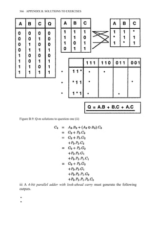 iii A 4-bit parallel adder with look-ahead carry must generate the following
outputs.
•
•
Figure B.9: Q-m solutions to question one (ii)
366 APPENDIX B. SOLUTIONS TO EXERCISES
 