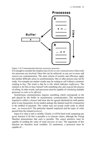 It is enough to consider the simplest case of one-to-one communication where only
two processes are involved. Once this can be achieved, so can one-to-many and
manyto-one communication. The same criteria of security and efficiency apply
but another difficulty arises in synchronization. One or other process may not be
ready. For example our market vendor may be waiting to sell without a customer
wanting to buy. The result is that he is idle which indicates inefficiency. The
solution is for him to busy himself with something else and suspend the process
of selling. In other words, each processor must be capable of scheduling multiple
processes in order to be efficient.
Synchronous communication requires something which corresponds to the
part played by the buffer in asynchronous communication. The mechanism
required is called a channel and must also be agreed (declared) by both parties
prior to any transaction. In our market analogy the channel used for a transaction
is the method of payment. The vendor may not accept credit cards in which
case…no transaction! The particular channel employed and the types of value
passed form the channel protocol.
Input of a value is into a variable. Clearly, it will be hard work computing any
given function if all that is possible is to relocate values, although the Turing
Machine demonstrates that such is possible. The output primitive must be
capable of sending the value of some function of state. The arguments of this
function are therefore local variables. To summarize, a processor must be
capable of…
Figure 1.10: Communication between successive processes
1.1. SYSTEMS 23
 