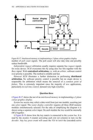 number of poll count signals. The poll count will also take time and possibly
reduce bandwidth.
Independent request arbitration usually requires separate bus request signals
for every device. SCSI overcomes this by using data bus bits together with the
Busy signal. With centralized arbitration, i.e. with an arbiter, software control
over priority is possible. The method is reliable and fast.
However SCSI illustrates a further distinction in performing distributed
arbitration. No software priority control is possible but no single device is
responsible for arbitration which means the removal of a common point of
failure. This is extremely important since the majority of new applications,
particularly in real time control, demand very high reliablity.
Question three
i Figure B.17 shows the use of an interleaved memory in implementing a 3 plane
colour graphics display.
System bus access may select a data word from just one module, asserting just
one select signal. The raster display controller requires all three RGB memory
modules simultaneously selected. For the sake of simplifying the diagram it is
shown using a separate select input. On each module the two would be internally
OR’d together.
ii Figure B.18 shows how the key matrix is connected to the system bus. It is
read by the modulo 8 counter activating each row (or column) in turn via the
decoder. Any key press event will cause the VIA to latch the (encoded) active
Figure B.17: Interleaved memory in implementing a 3 plane colour graphics display
382 APPENDIX B. SOLUTIONS TO EXERCISES
 